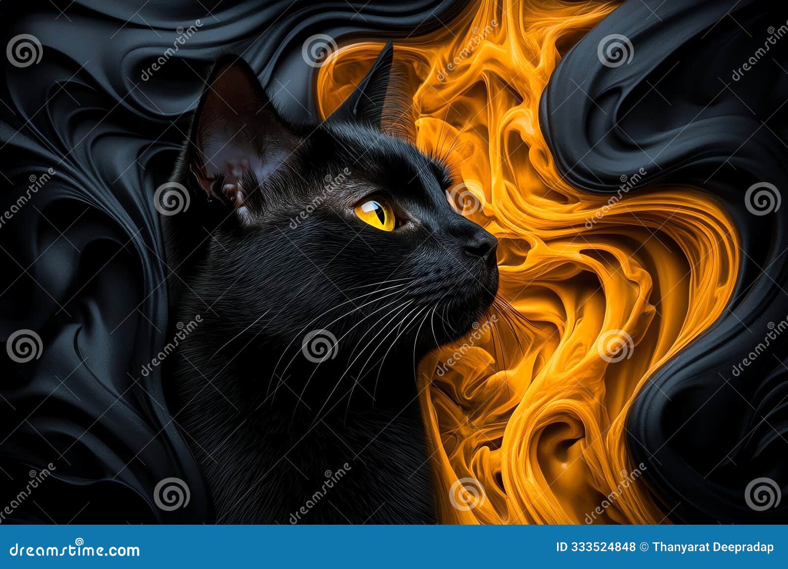 a black cat surrounded by swirling sÃ¢â¬âfire, water, earth, and airÃ¢â¬âits fur reflecting the power of each 